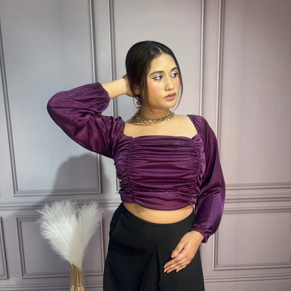 Satin Ruched Purple Crop Top