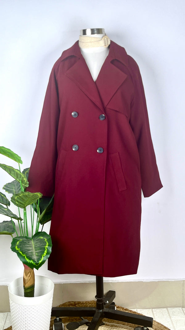 Retro Double-Breasted Maroon Trench Coat