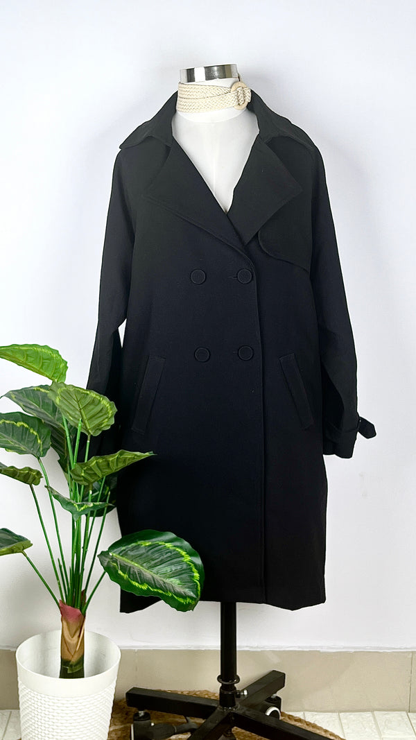 Simplicity Double-Breasted Black Trench Coat