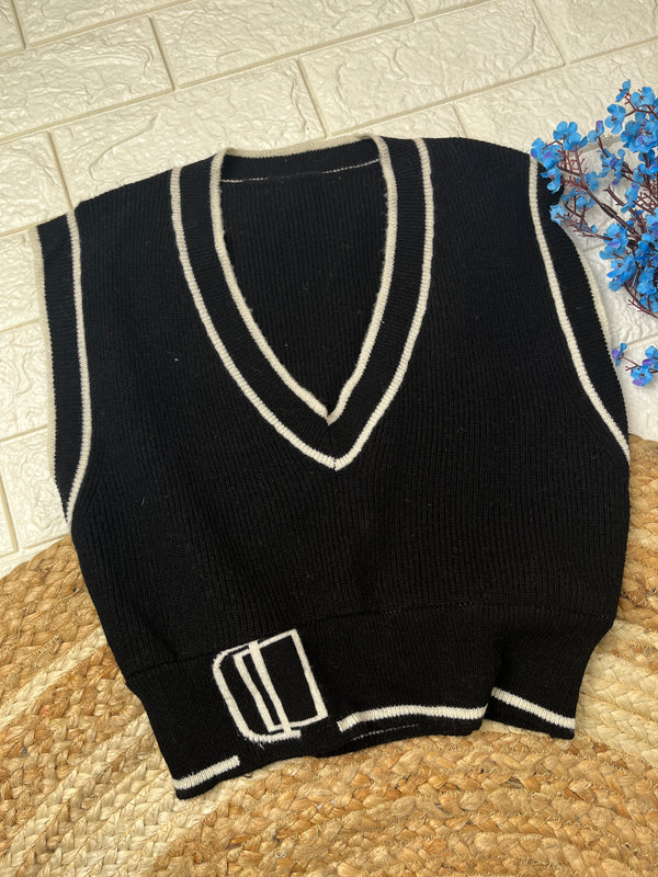 Retro V-Neck Black Sweater-Vest