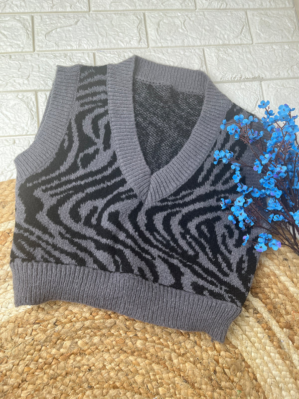 Printed V-Neck Charcoal Sweater-Vest