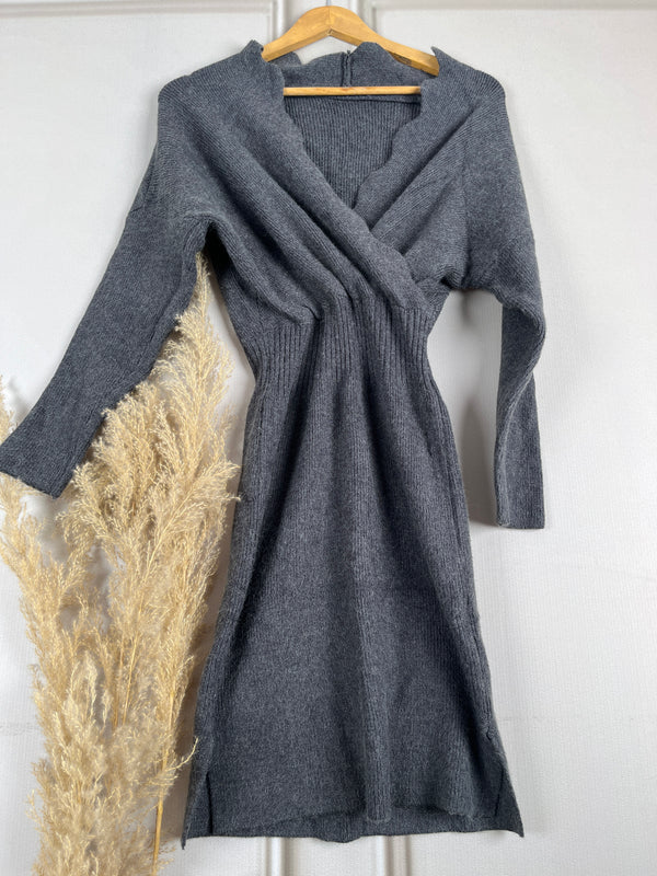 Retro Charcoal Pencil Woollen Dress