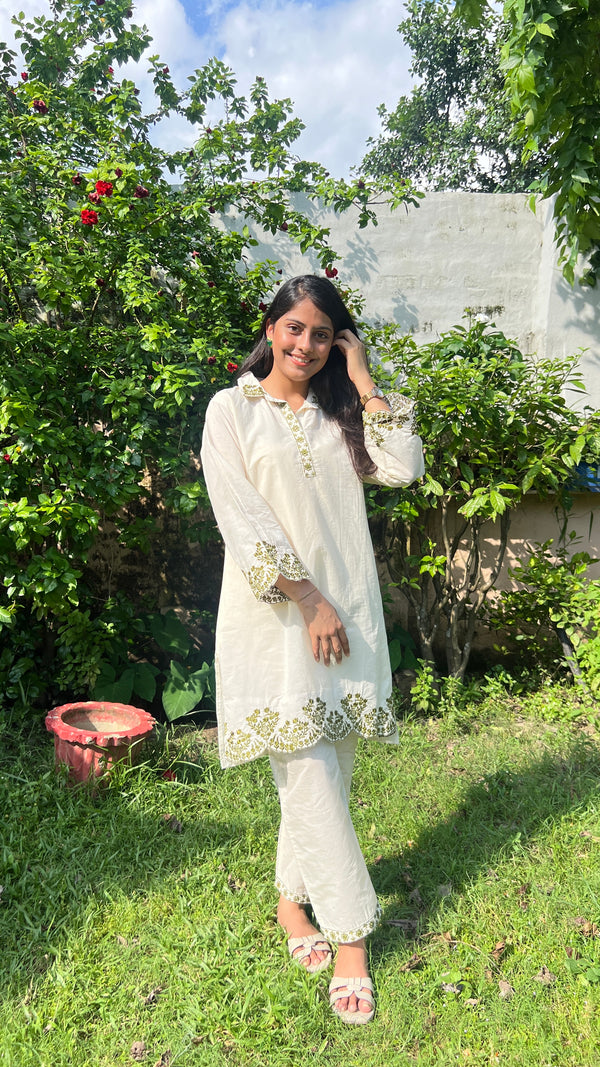 Festive White Embroidered Kurti-Pant Co-ord Set