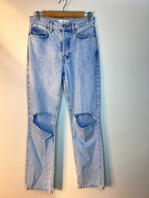 High-Waist Ribbed Blue Straight-Fit Jeans