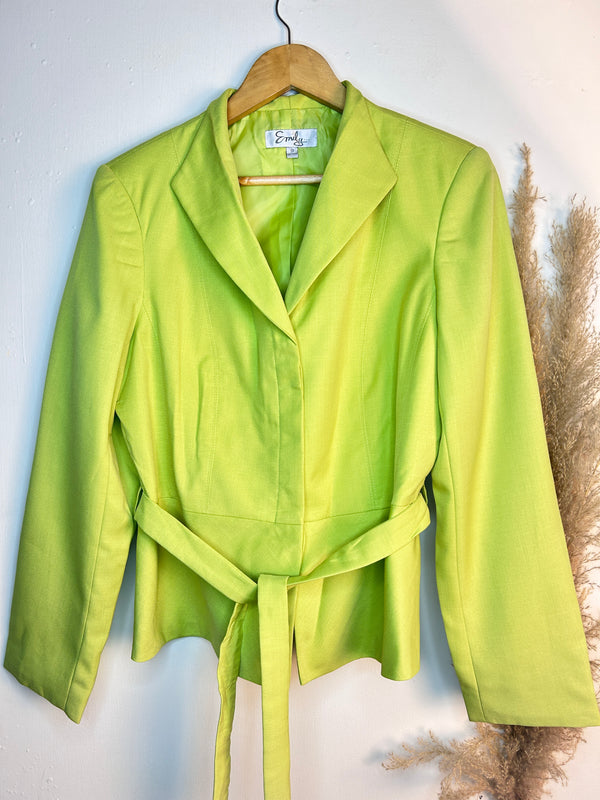 Classic Belted Hooked Buttoned Green Blazer