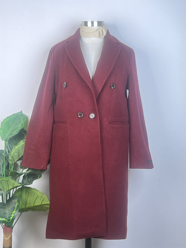 Statement Double-Breasted Maroon Fur Coat