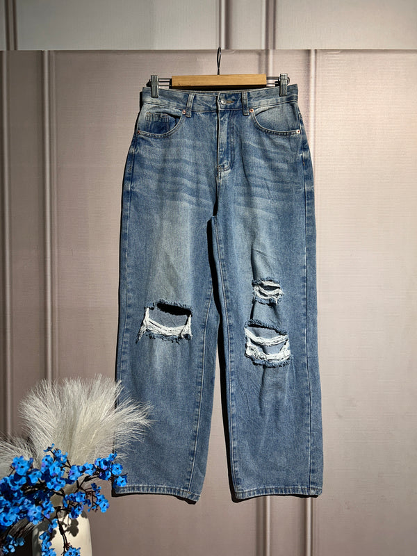 High-Waist Ribbed Shaded-Blue Jeans