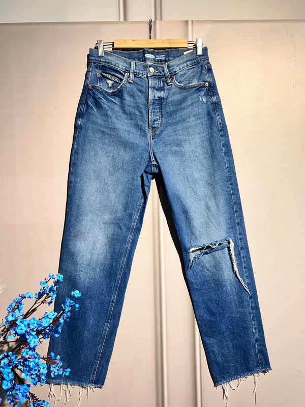 High-Waist Ribbed Shaded-Blue Jeans