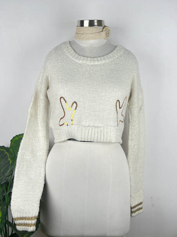 Retro Round-Neck White Sweater