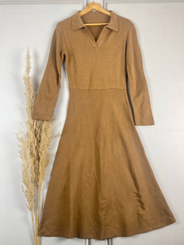 Trendy Beige Flowy Woollen Dress