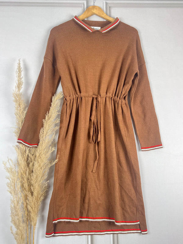 Trendy Brown Flowy Woollen Dress