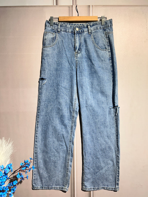 High-Waist Ribbed Blue Straight-Fit Jeans