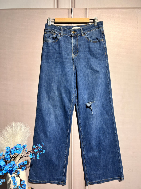 High-Waist Ribbed Blue Wide-Leg Jeans