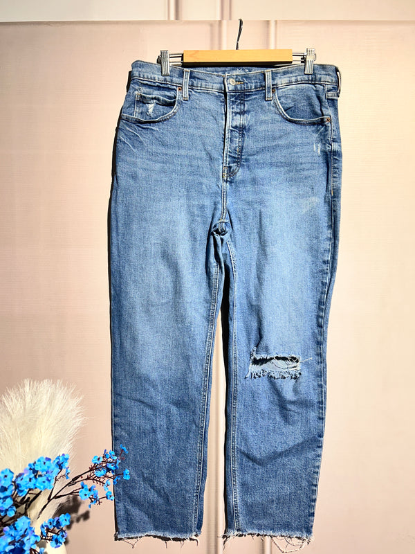 High-Waist Ribbed Blue Straight-Fit Jeans