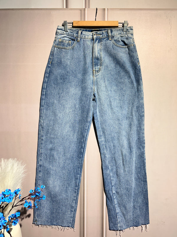 High-Waist Ribbed Blue Straight-Fit Jeans