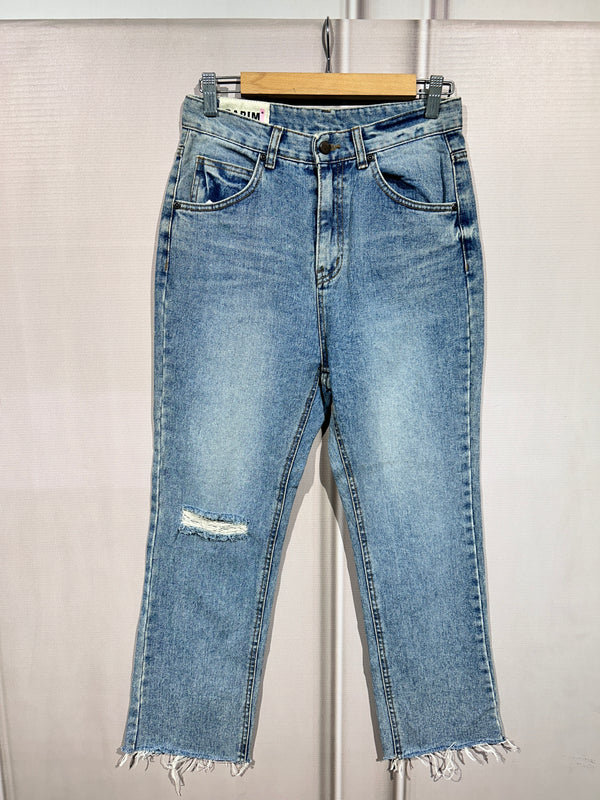 High-Waist Ribbed Blue Straight-Fit Jeans