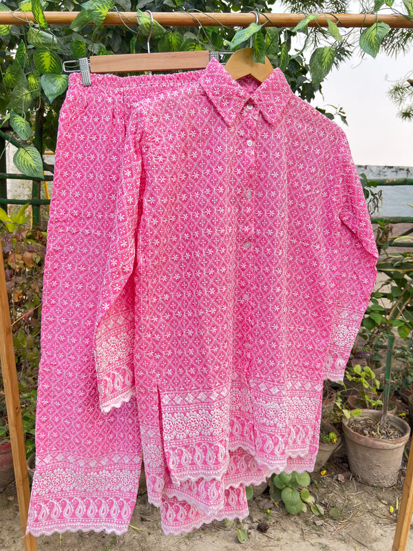 Chikankari Detailing Pink Short Kurti & Pant Set