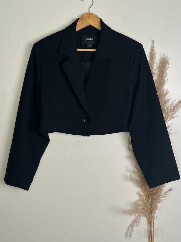 Pull & Bear Buttoned Solid Black Blazer